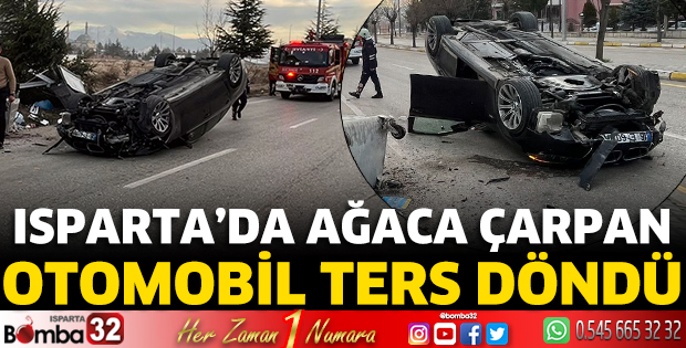 Ağaca çarpan otomobil ters döndü 