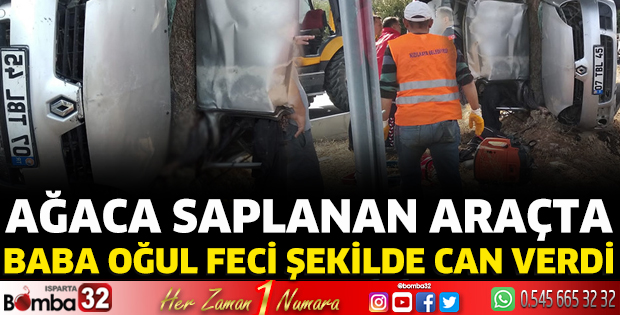 Ağaca saplanan araçta baba oğul feci şekilde can verdi