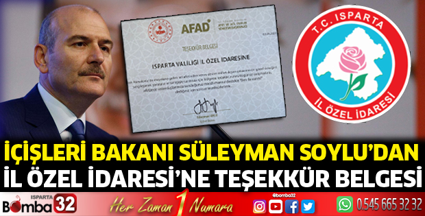 Bakan Soylu'dan İl Özel İdaresi'ne teşekkür belgesi