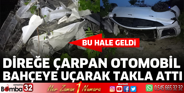 Direğe çarpan otomobil bahçeye uçarak takla attı