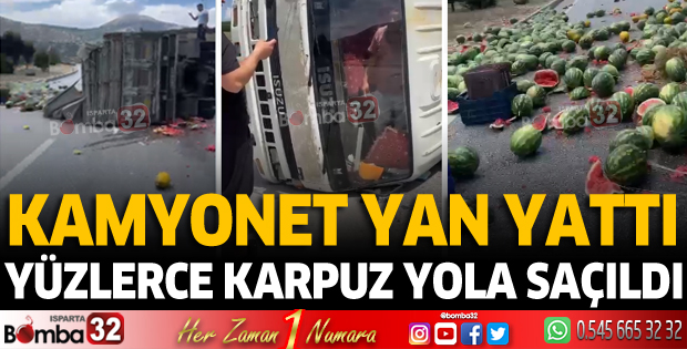 Karpuz yüklü kamyonet yan yattı
