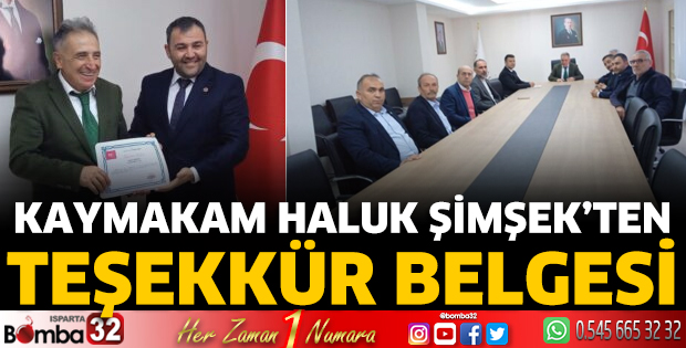 Kaymakam Haluk Şimşek’ten Teşekkür Belgesi 
