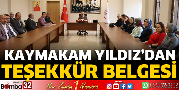 Kaymakam Yıldız’dan Teşekkür Belgesi 