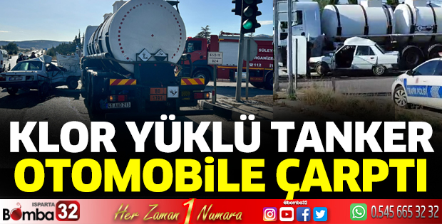 Klor yüklü tanker otomobile çarptı