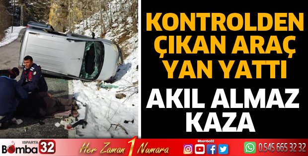 Kontrolden çıkan araç yan yattı