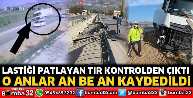 Lastiği patlayan tır yoldan çıktı