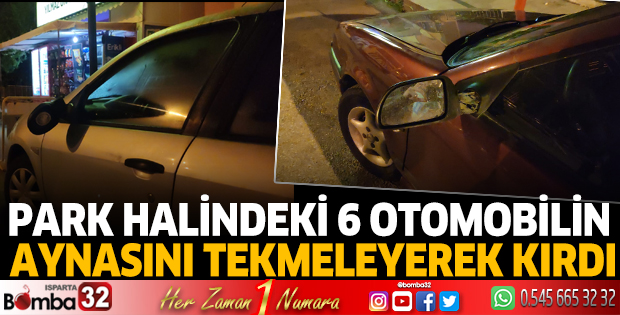 Park halindeki 6 otomobilin aynasını tekmeleyerek kırdı