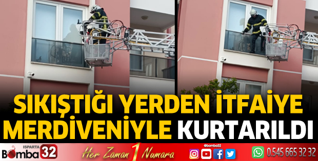 Sıkıştığı yerden itfaiye merdiveniyle kurtarıldı