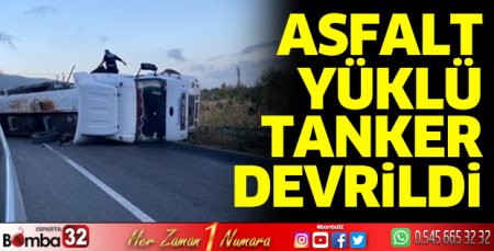Asfalt yüklü tanker devrildi