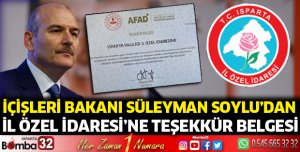 Bakan Soylu'dan İl Özel İdaresi'ne teşekkür belgesi