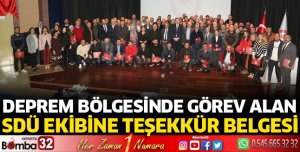 Deprem bölgesinde görev alan SDÜ ekibine teşekkür belgesi