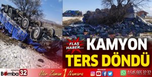 Kamyon ters döndü