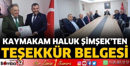 Kaymakam Haluk Şimşek’ten Teşekkür Belgesi 