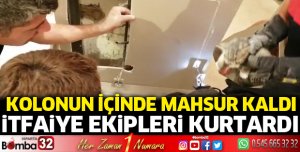 Kolonda mahsur kalan kedi kurtarıldı