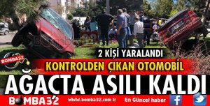 KONTROLDEN ÇIKAN OTOMOBİL AĞAÇTA ASILI KALDI 2 YARALI