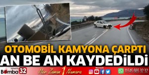 Kontrolden çıkan otomobil kamyona çarptı