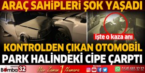 Kontrolden çıkan otomobil park halindeki cipe çarptı