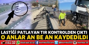 Lastiği patlayan tır yoldan çıktı
