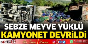 Meyve sebze yüklü kamyonet devrildi