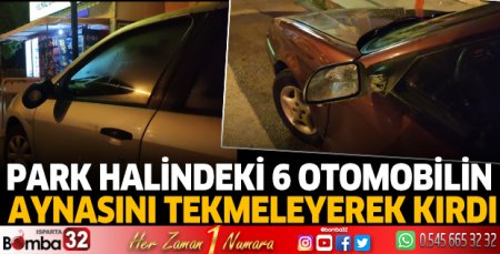 Park halindeki 6 otomobilin aynasını tekmeleyerek kırdı
