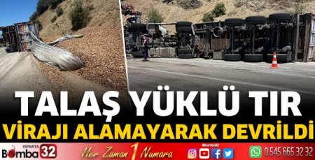 Talaş yüklü TIR virajı alamayarak devrildi 